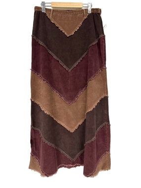 Corduroy Chevron Patchwork Maxi Skirt Armor Jeans Brown Tan Wine Boho Raw Hem